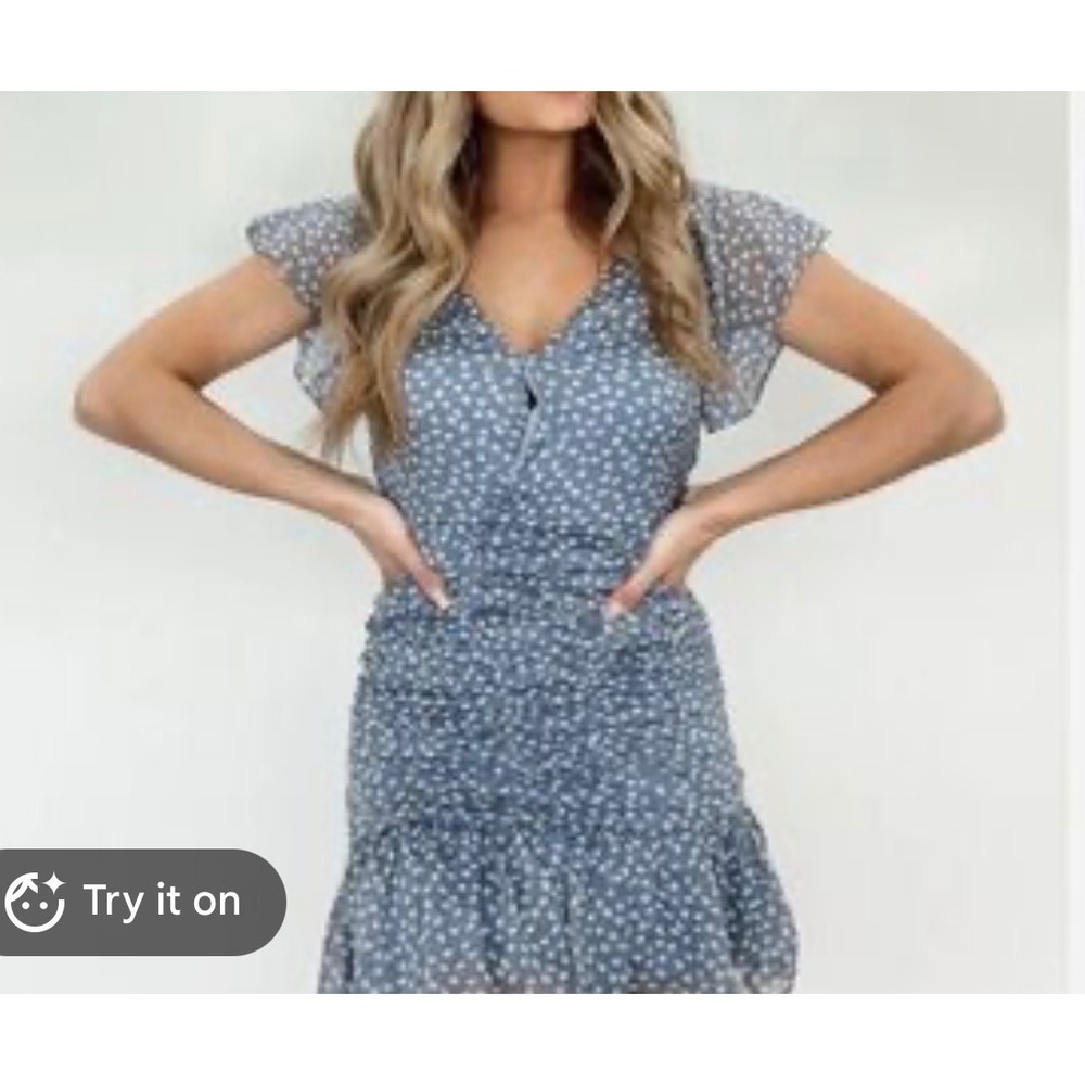 Promesa Blue Floral Ruched Mini Dress Short Flutter M cottage dainty boho resort